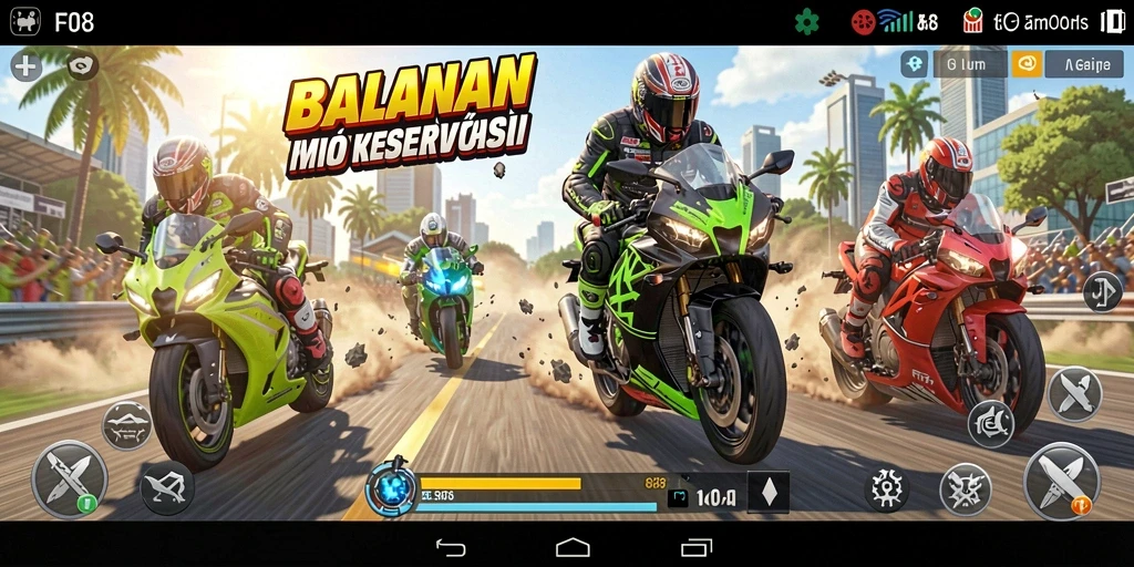 Gameplay mendebarkan di F08 dengan balapan motor yang seru.