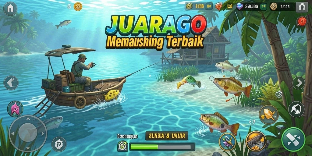 Tampilan gameplay JUARAGO yang menampilkan petualangan memancing seru.