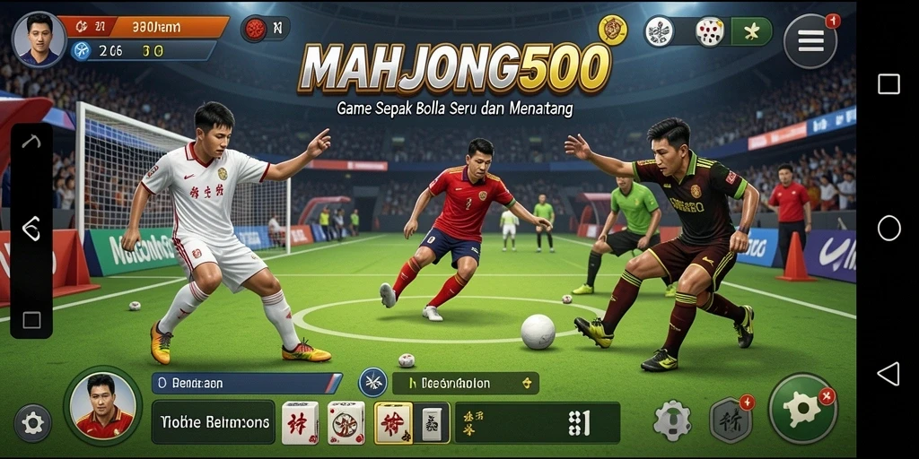 Tampilan permainan <strong>MAHJONG500</strong> dengan aksi sepak bola yang mendebarkan.