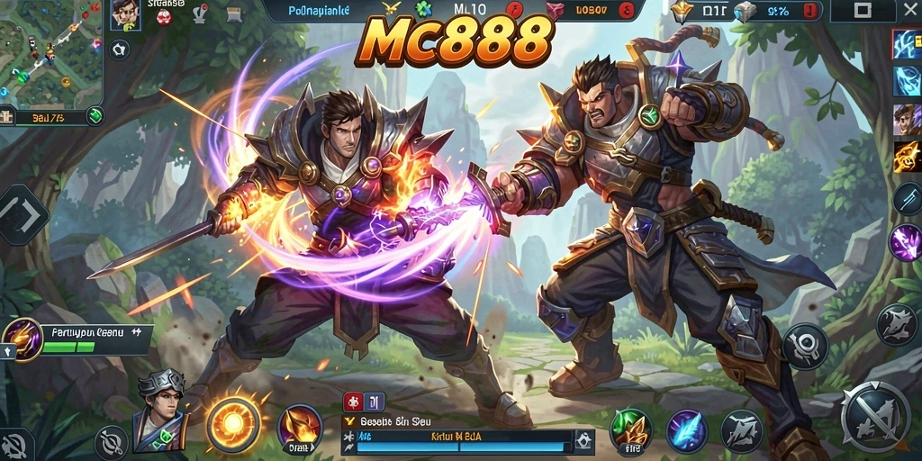 Screenshot utama MC888 menampilkan aksi seru dalam pertempuran MOBA.