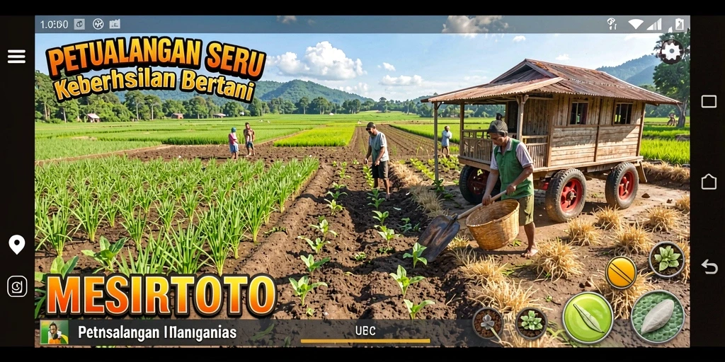 Tangkapan layar dari gameplay MESIRTOTO menunjukkan aktivitas bertani yang seru.