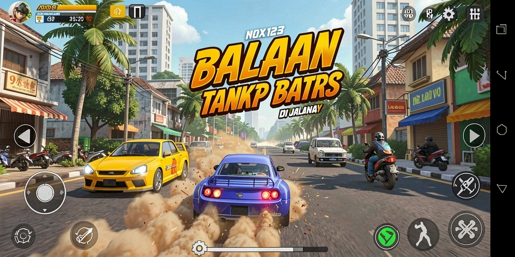 Screenshot gameplay NOX123 menampilkan balapan seru dan kendaraan yang stylish.