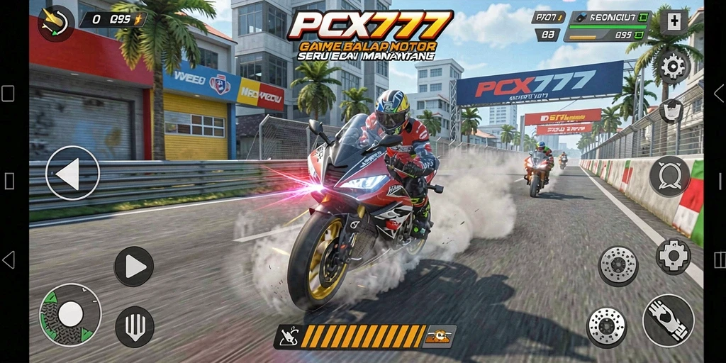 Screenshot PCX777 menampilkan aksi balap motor yang mendebarkan.