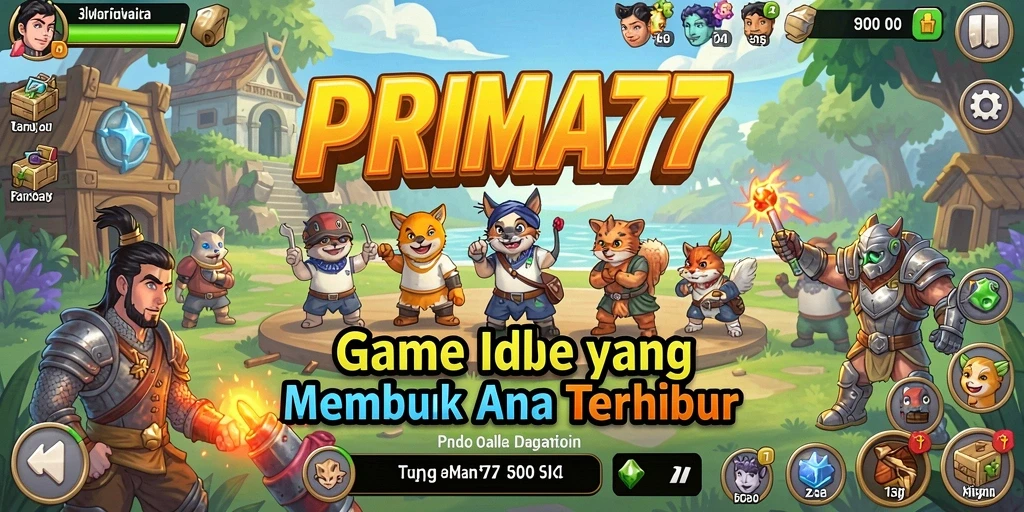Screenshot utama PRIMA77 menampilkan karakter bermain di dunia Idle yang cerah.