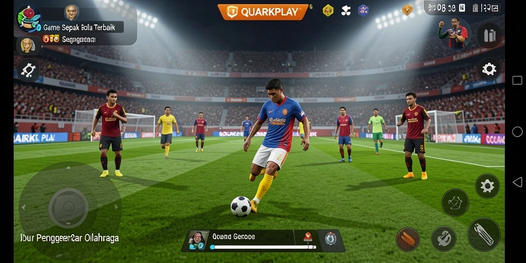 Tangkapan layar utama menunjukkan aksi seru di lapangan sepak bola.