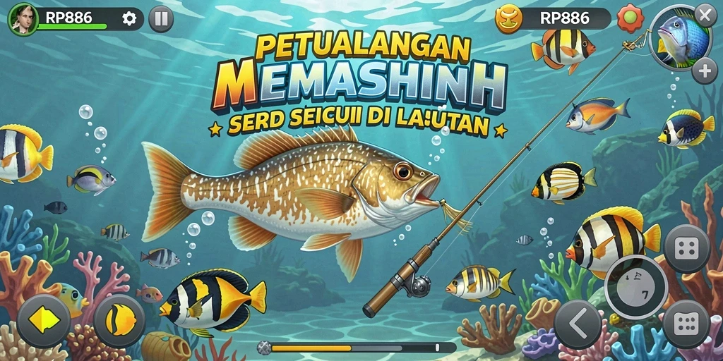 Screenshot gameplay RP886 menampilkan pemain saat memancing di lautan.