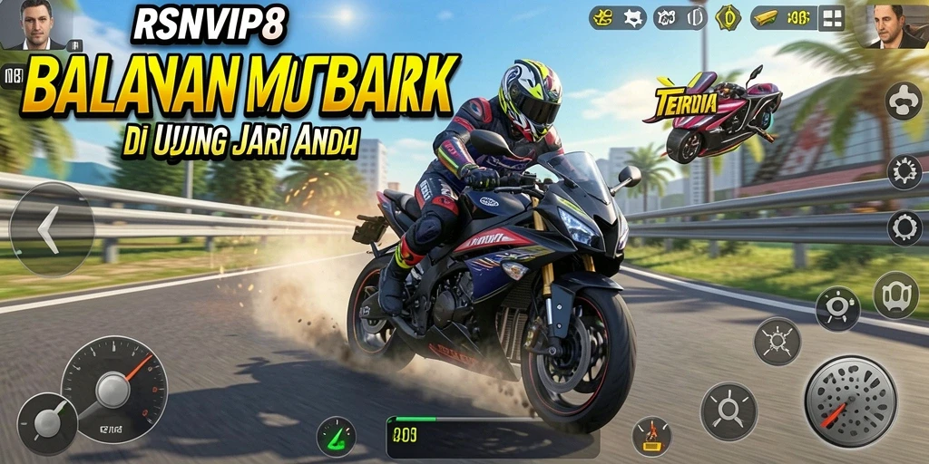 Screenshot gameplay RSNVIP8 menampilkan balapan motor yang seru dan mendebarkan.