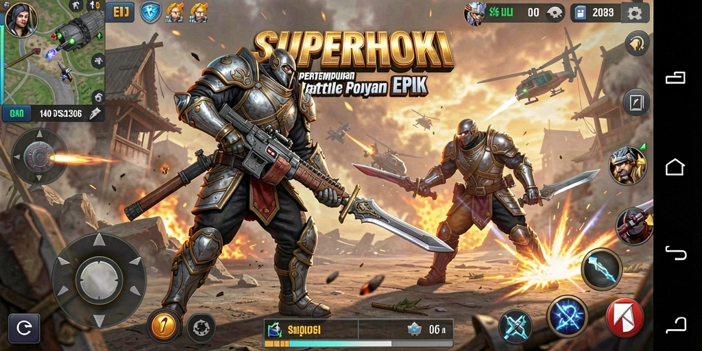 Menampilkan gameplay seru dalam pertempuran Battle Royale.