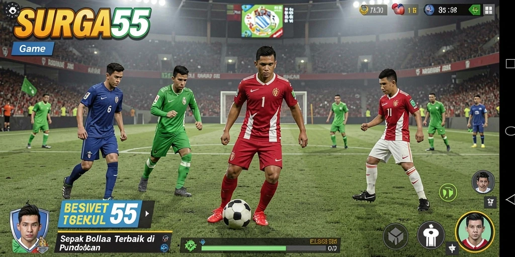 Tampilan gameplay yang epik di lapangan sepak bola.